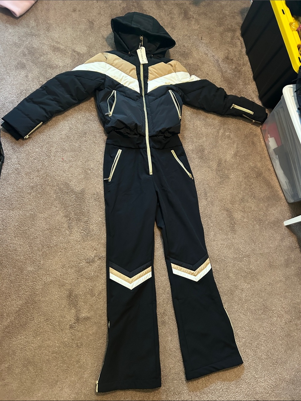 Black ( My Sunday Ski ) Jacket & Pants Set with Cream and Gold Chevron Details
